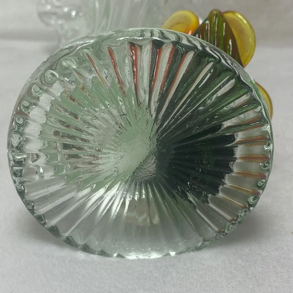 VTG  Hand‎ Blown Clear Art Glass Vase Yellow Orange Flower NOS